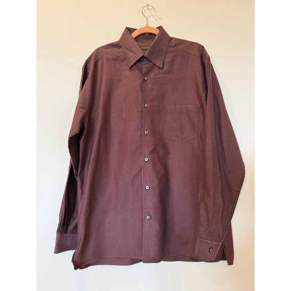 Ermenegildo Zegna 100% cotton button front shirt XL maroon burgundy small check